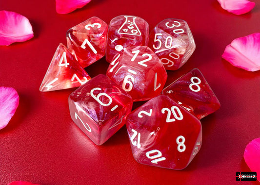 CHX 30070 Borealis Passion/white Luminary Polyhedral 7-Dice Set (with bonus die)