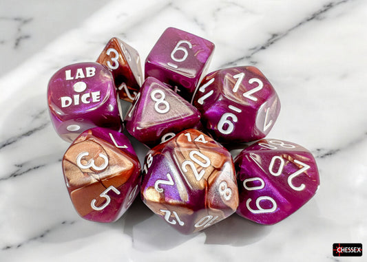 CHX 30071 Gemini Copper-Purple/white Polyhedral 7-Dice Set (with bonus die)