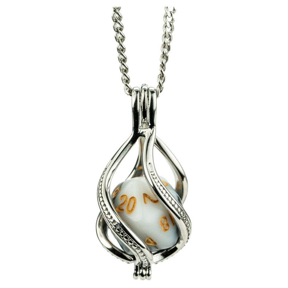 Fanroll: D20 Caged Dice Necklace: Marble White/Black w/ Gold