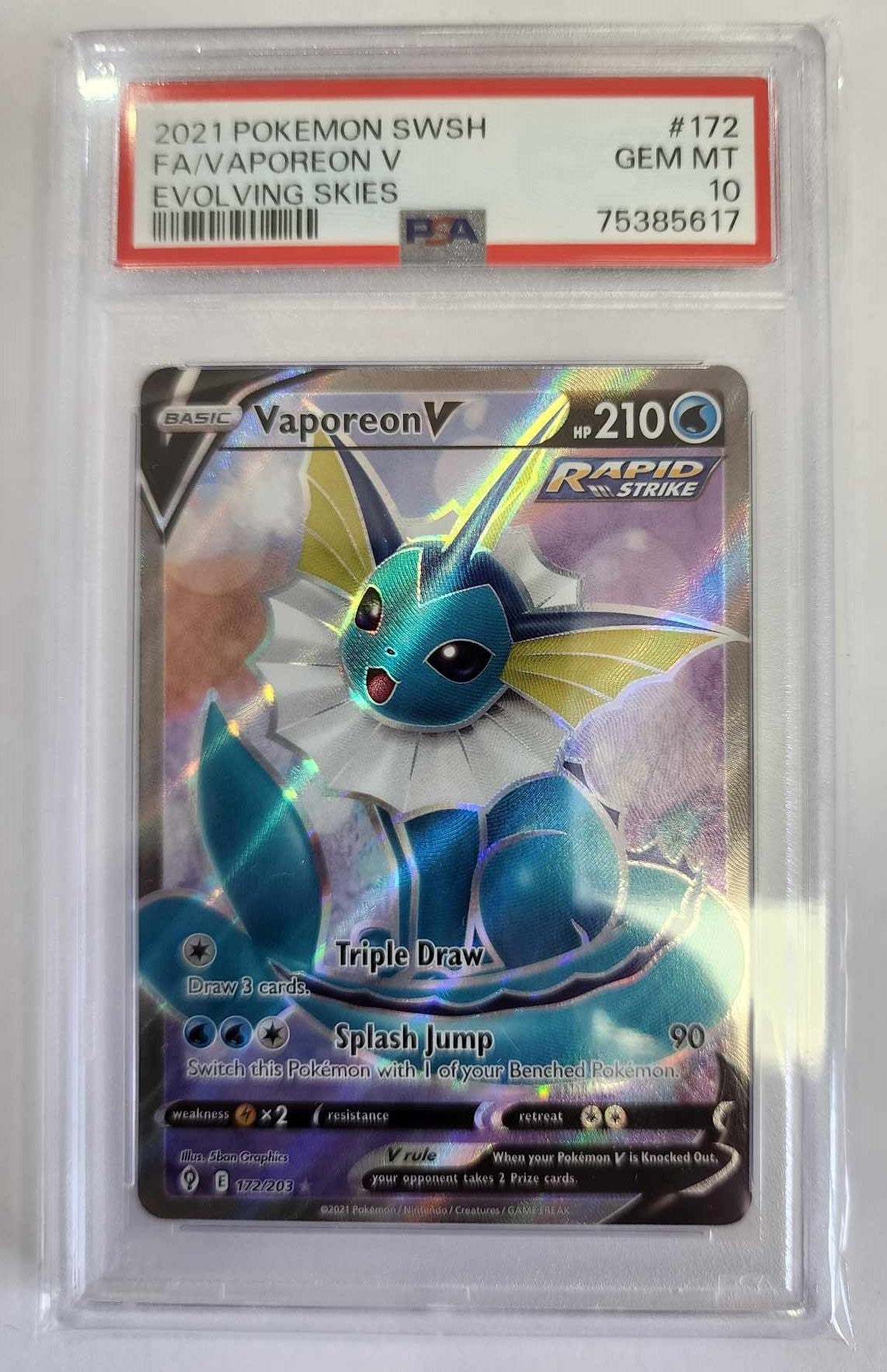 2021 Pokemon SWSH Evolving Skies - Vaporeon V 172/203 - Full Art - PSA 10