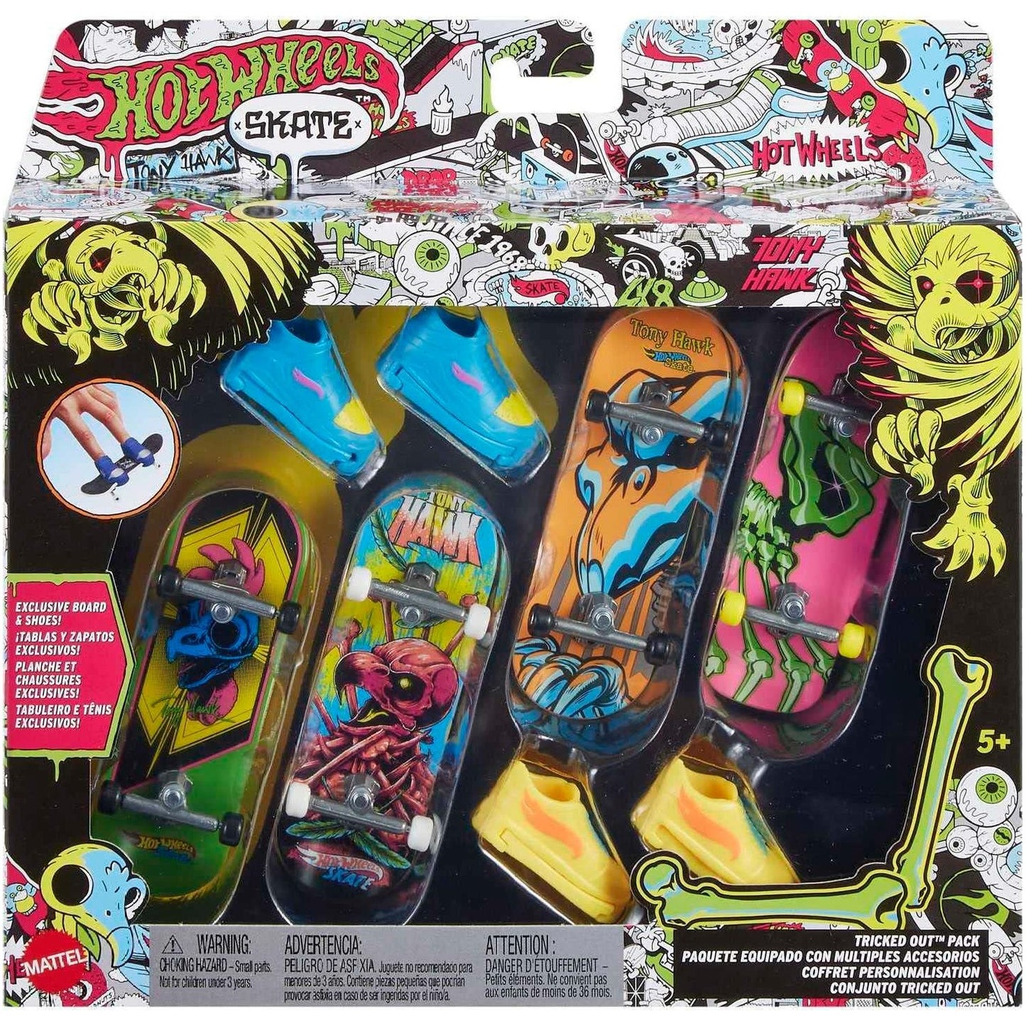 Hot Wheels - Skate Neon Bones Th Fingerboard + Shoe 4-Pack (Wmt)