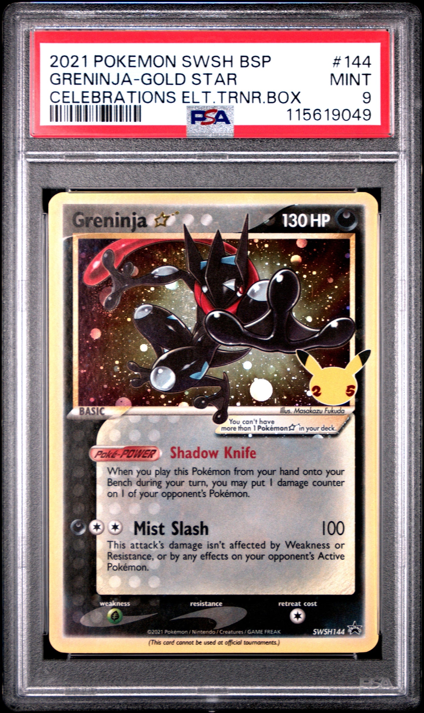 2021 Pokemon Swsh Black Star Promo 144 Greninja Gold Star Celebrations Elt.Trnr.Box - PSA 9