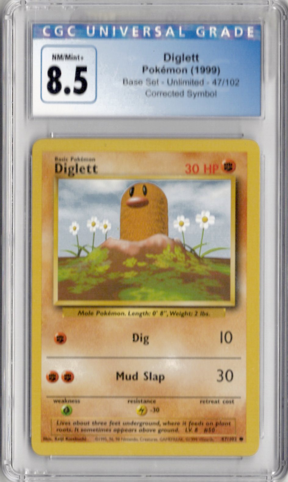 1999 Pokemon Base Set Corrected Symbol Unlimited 47 Diglett - CGC 8.5