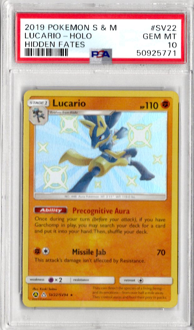 2019 Pokemon Sun & Moon Hidden Fates Sv22 Lucario-Holo Hidden Fates - PSA 10