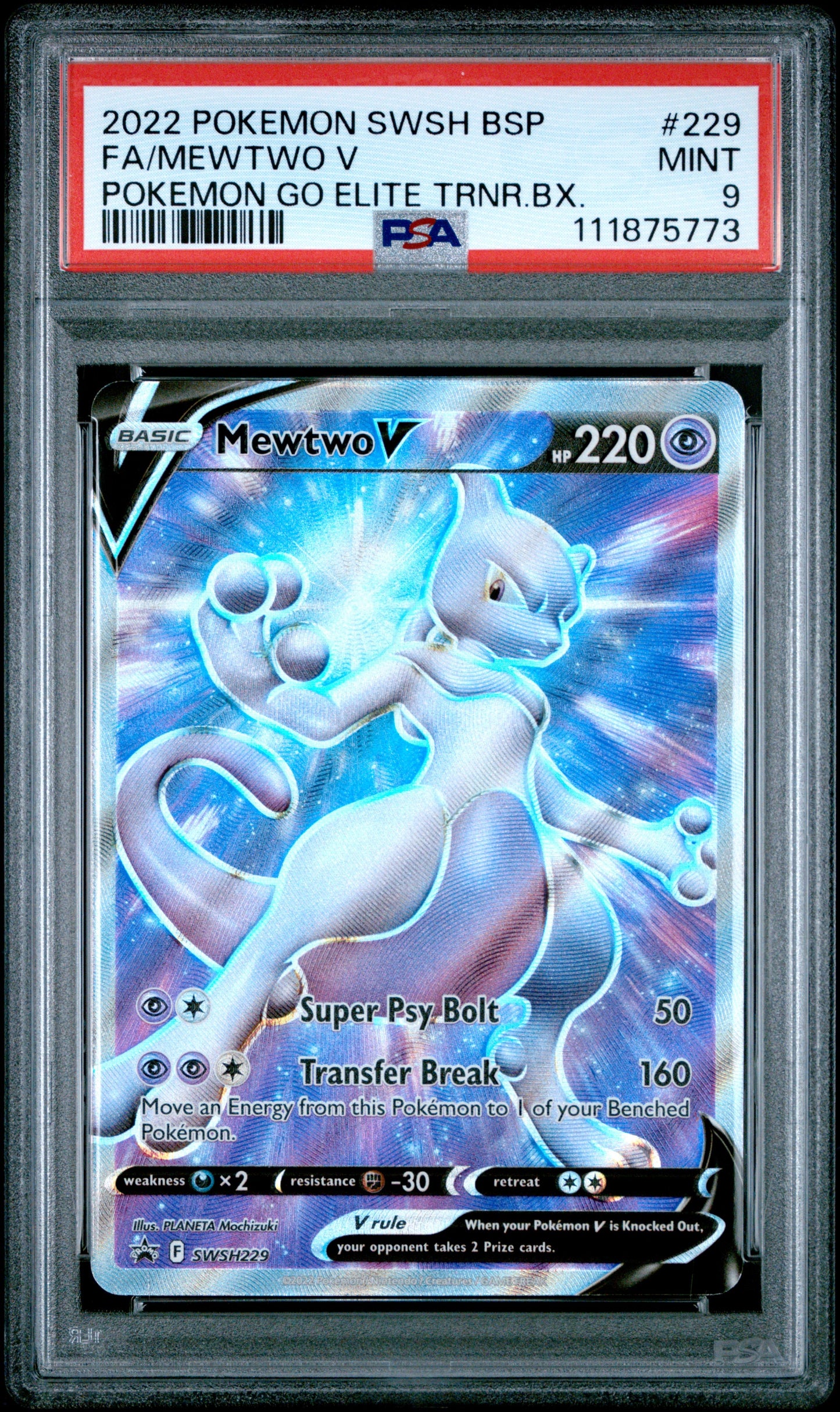 2022 Pokemon Swsh Black Star Promo 229 Mewtwo V Pokemon Go Elite Trnr.Bx. - PSA 9