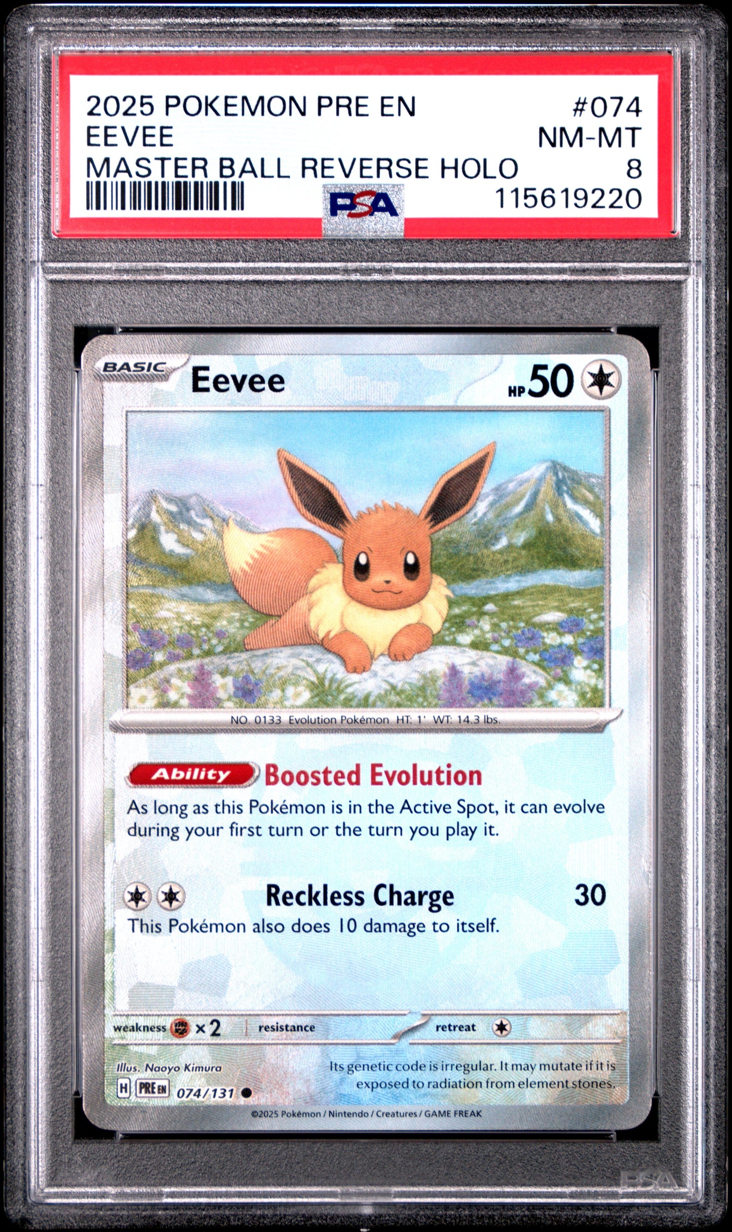 2025 Pokemon Pre En-Prismatic Evolutions 074 Eeve Master Ball Reverse Holo - PSA 8