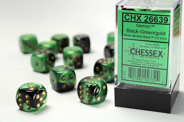 Chessex D6 Gemini 16mm d6 Black-Green/gold Dice Block (12 dice)