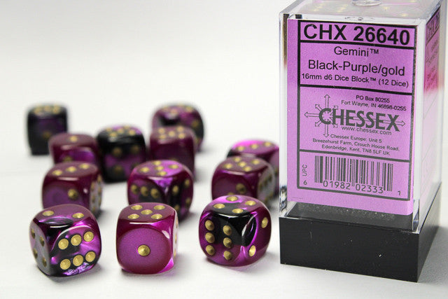 Chessex D6 Gemini 16mm d6 Black-Purple/gold Dice Block (12 dice)