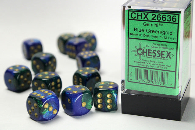 Chessex D6 Gemini 16mm d6 Blue-Green/gold Dice Block (12 dice)