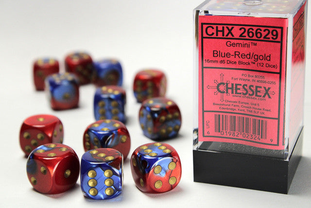Chessex D6 Gemini 16mm d6 Blue-Red/gold Dice Block (12 dice)