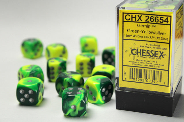 Chessex D6 Gemini 16mm d6 Green-Yellow/silver Dice Block (12 dice)