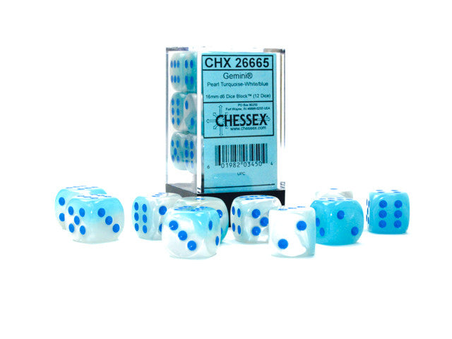 Chessex D6 DiceGemini 16mm d6 Pearl Turquoise-White/blue Luminary Dice Block (12 dice)
