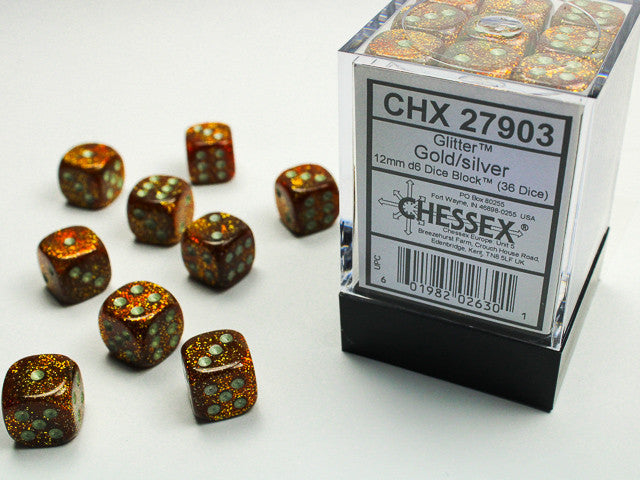 Chessex D6 Glitter 12mm d6 Gold/silver Dice Block (36 dice)