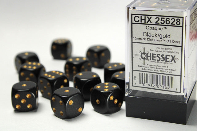 Chessex D6 Opaque 16mm d6 Black/gold Dice Block (12 dice)