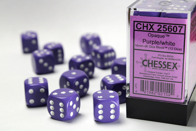 Chessex D6 Opaque 16mm d6 Purple/white Dice Block (12 dice)