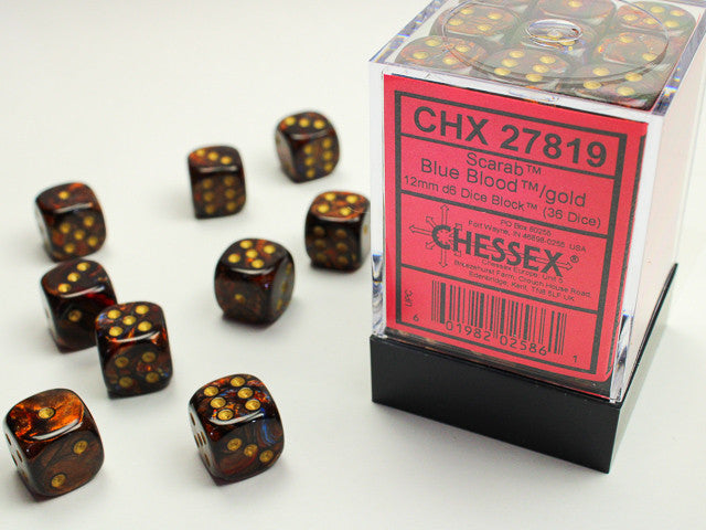 Chessex D6 Scarab 12mm d6 Blue Blood/gold Dice Block (36 dice)
