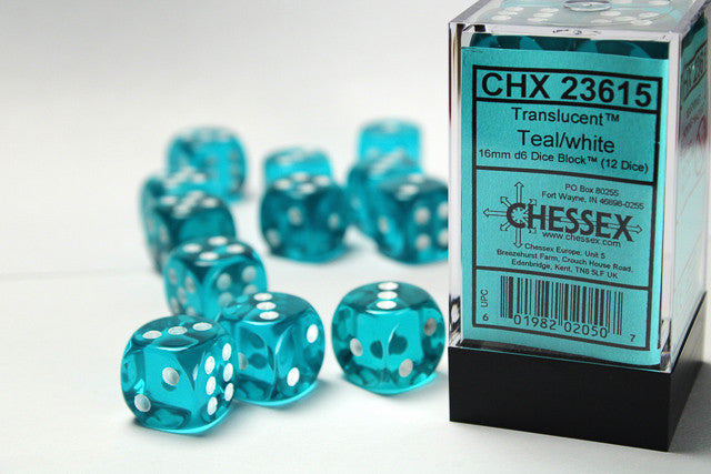 Chessex D6 Translucent 16mm d6 Teal/white Dice Block (12 dice)