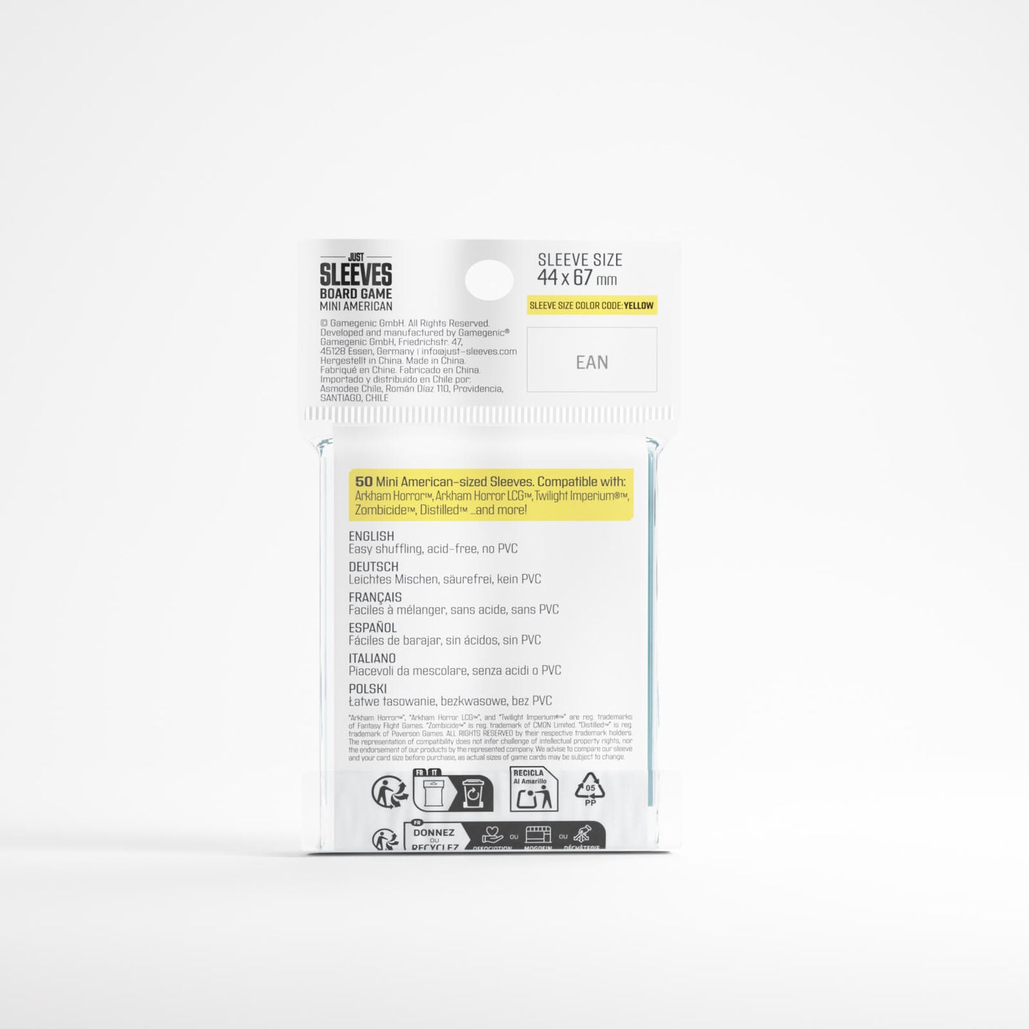 Gamegenic Just Sleeves - Size Code YELLOW - Mini American Sized (44mm x 67mm) (50 Sleeves Per Pack)