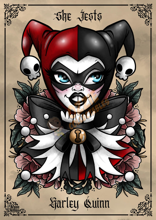 She Jests Harley Quinn Tattoo Print By Rose Demon - RoseDemon Art Print Poster