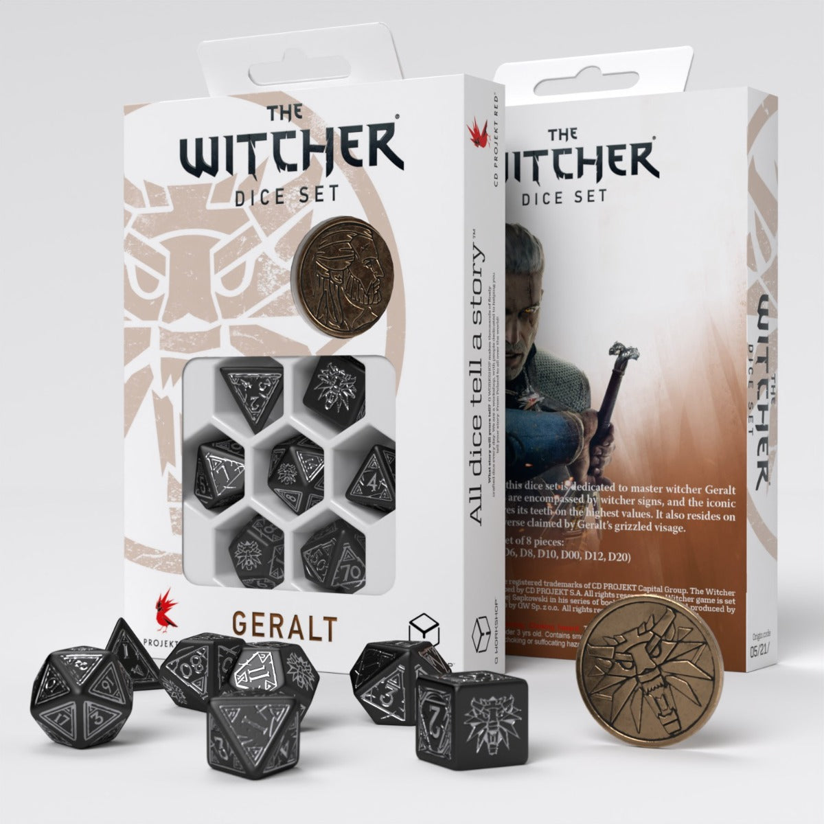 Q Workshop The Witcher Dice Set Geralt - Silver Sword Dice Set 7 With Coin