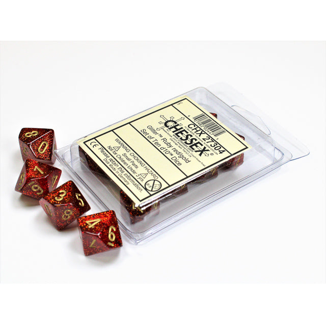 CHX 27304 Glitter Ruby/gold Set of Ten d10s