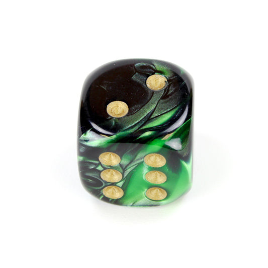 CHX DG2039 Gemini Black-Green/gold 20mm d6 dice w/pips