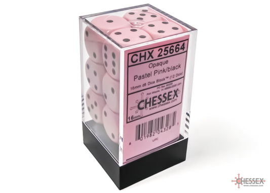 CHX 25664 Opaque 16mm d6 Pastel Pink/black Dice Block (12 dice)
