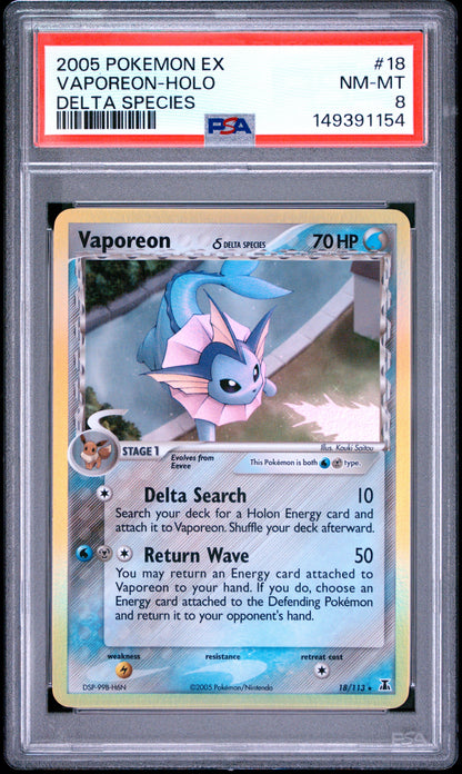 2005 Pokemon Ex Delta Species 18 Vaporeon-Holo Delta Species - PSA 8