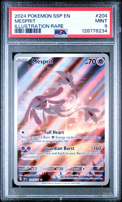 2024 Pokemon Ssp En-Surging Sparks 204 Mesprit Illustration Rare - PSA 9