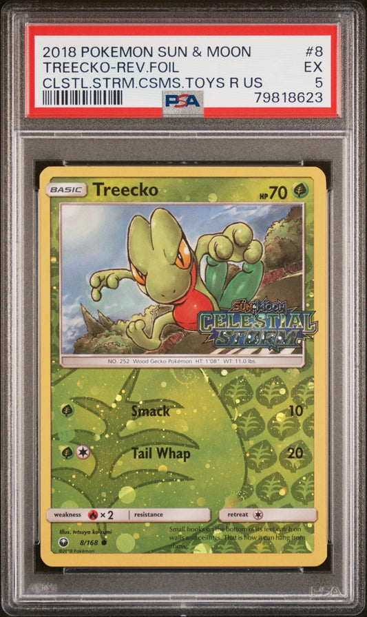 2018 Pokemon Sun & Moon Celestial Storm 8 Treecko Promo Rev. Holo Clstl.Strm.Csms.Toys R Us - PSA 5