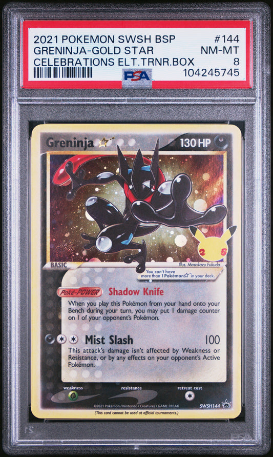 2021 Pokemon Swsh Black Star Promo 144 Greninja-Gold Star Celebrations Elt.Trnr.Box - PSA 8