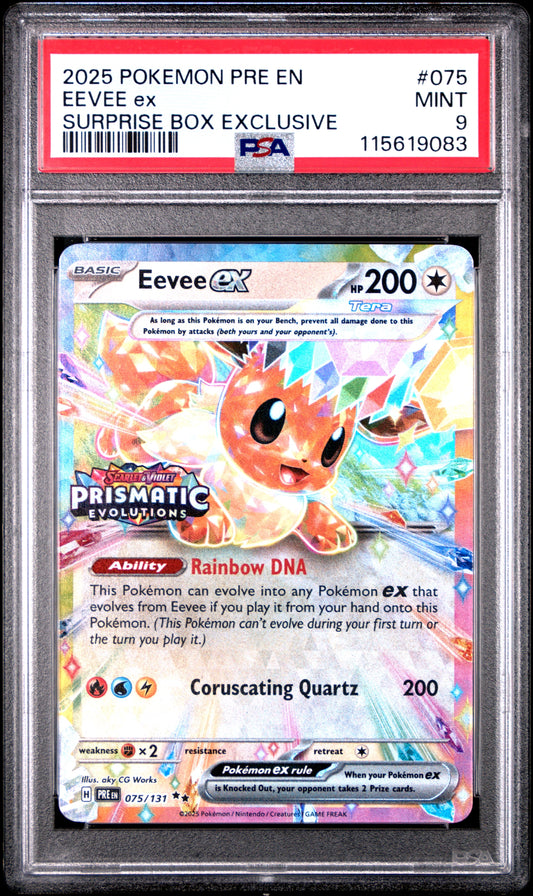 2025 Pokemon Pre En-Prismatic Evolutions 075 Eevee Ex Surprise Box Exclusive - PSA 9