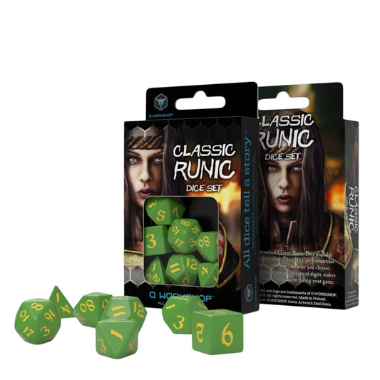 Q Workshop: Classic Runic Green & yellow Dice Set (7