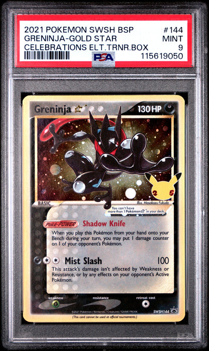 2021 Pokemon Swsh Black Star Promo 144 Greninja Gold Star Celebrations Elt.Trnr.Box - PSA 9