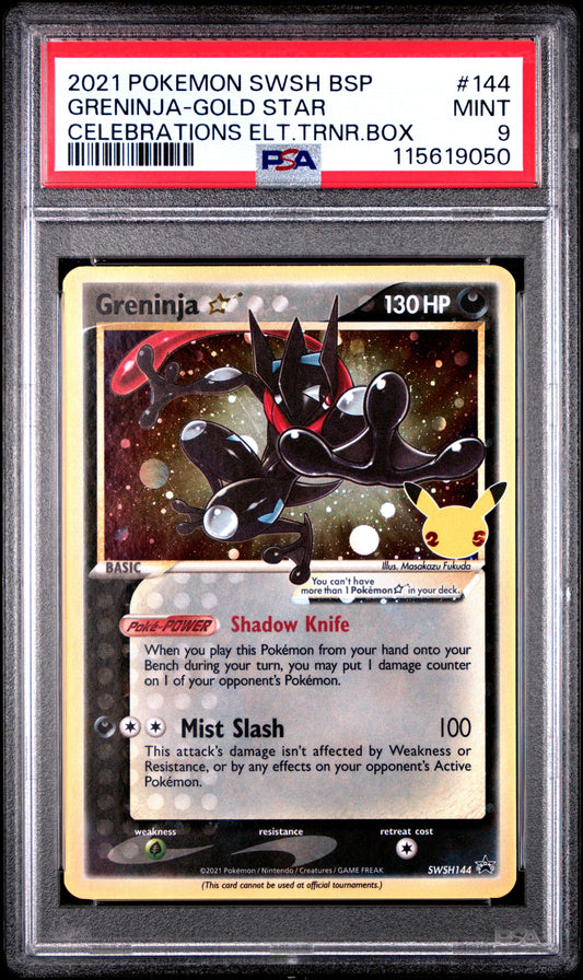 2021 Pokemon Swsh Black Star Promo 144 Greninja Gold Star Celebrations Elt.Trnr.Box - PSA 9