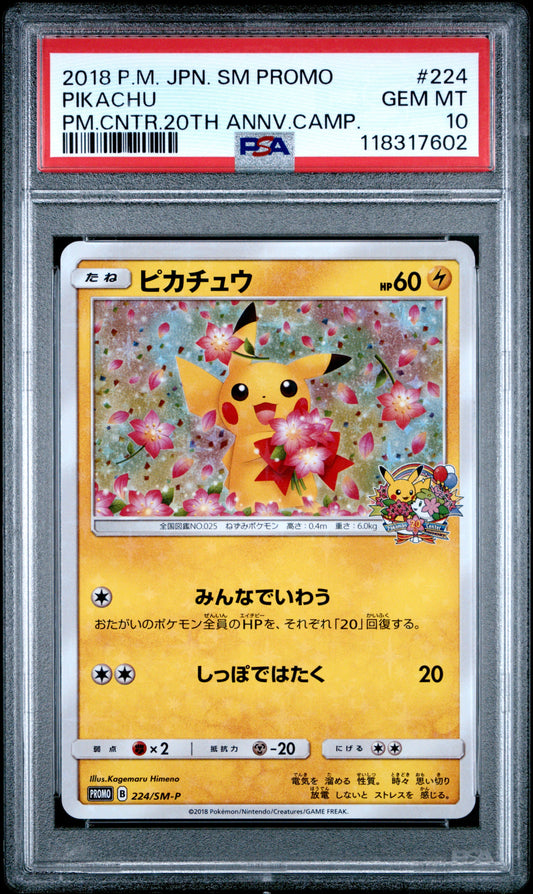 2018 Pokemon Japanese Sm Promo 224 Pikachu Pm.Cntr.20Th Annv.Camp. - PSA 10