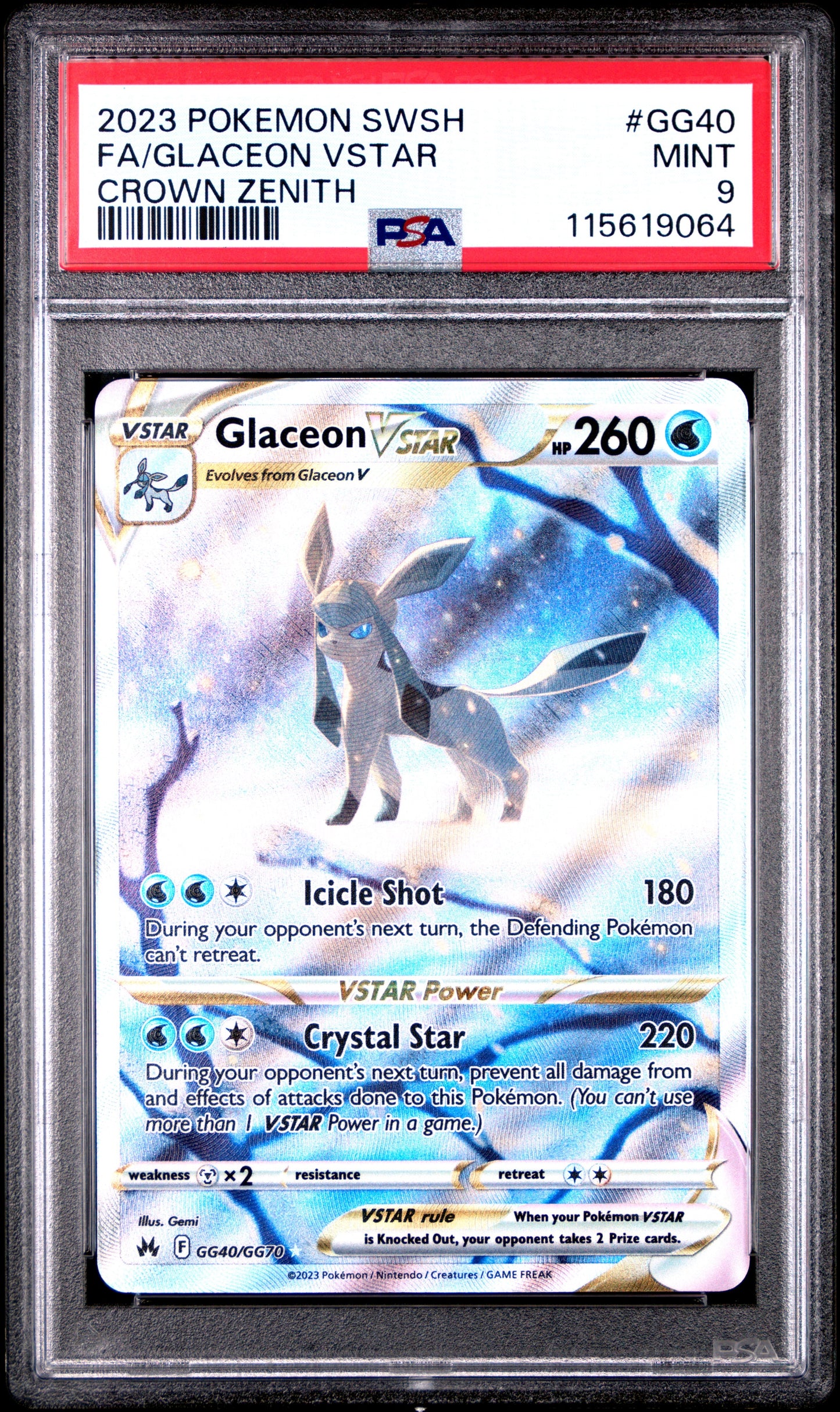 2023 Pokemon Sword And Shield Crown Zenith Gg40 Glaceon Vstar - PSA 9