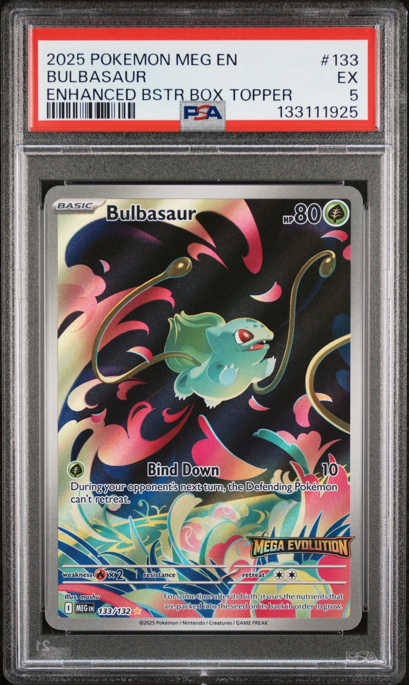 2025 Pokemon Meg En-Mega Evolution 133 Bulbasaur Enhanced Bstr Box Topper - PSA 5
