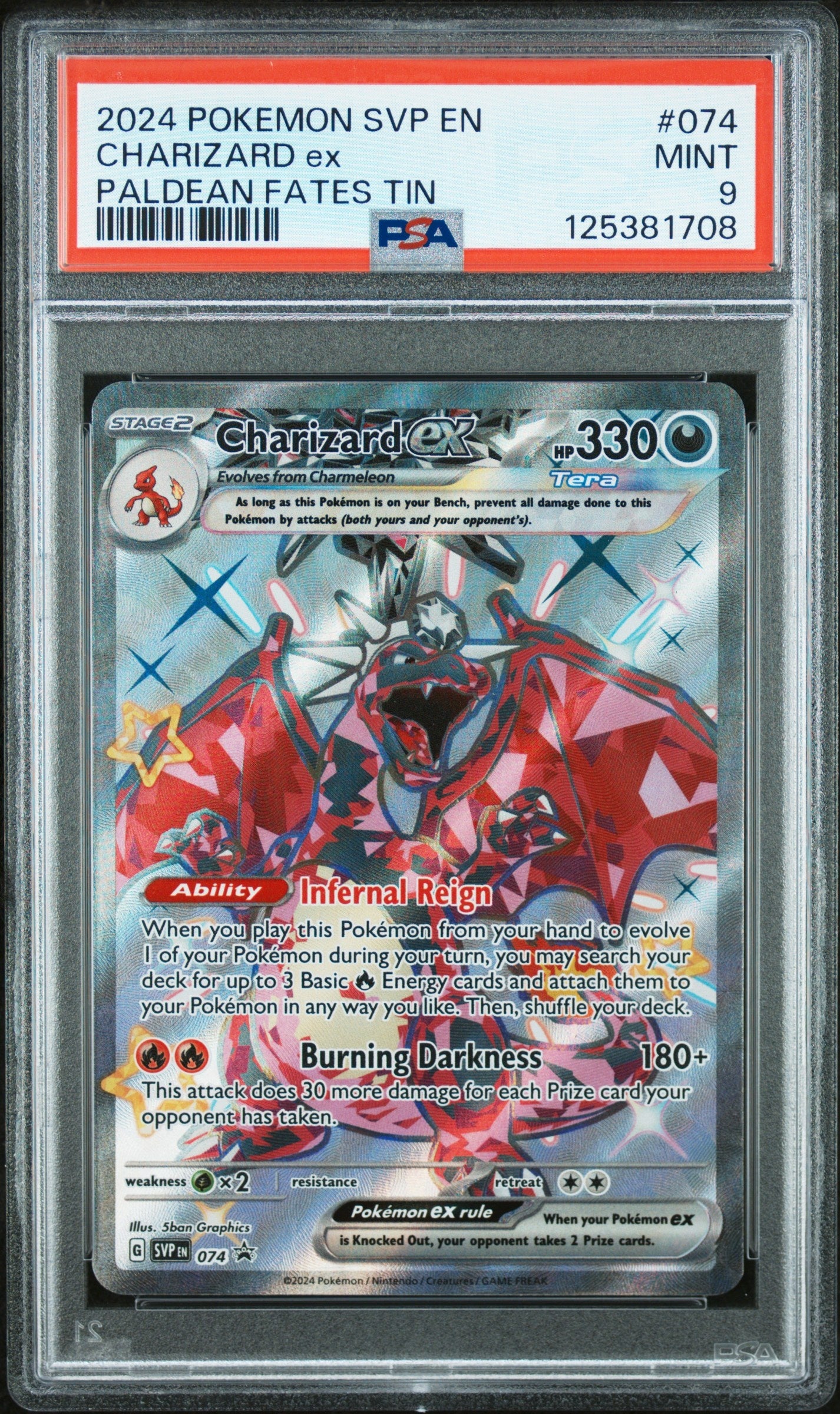 2024 Pokemon Svp En-Sv Black Star Promo 074 Charizard Ex Paldean Fates Tin - PSA 9