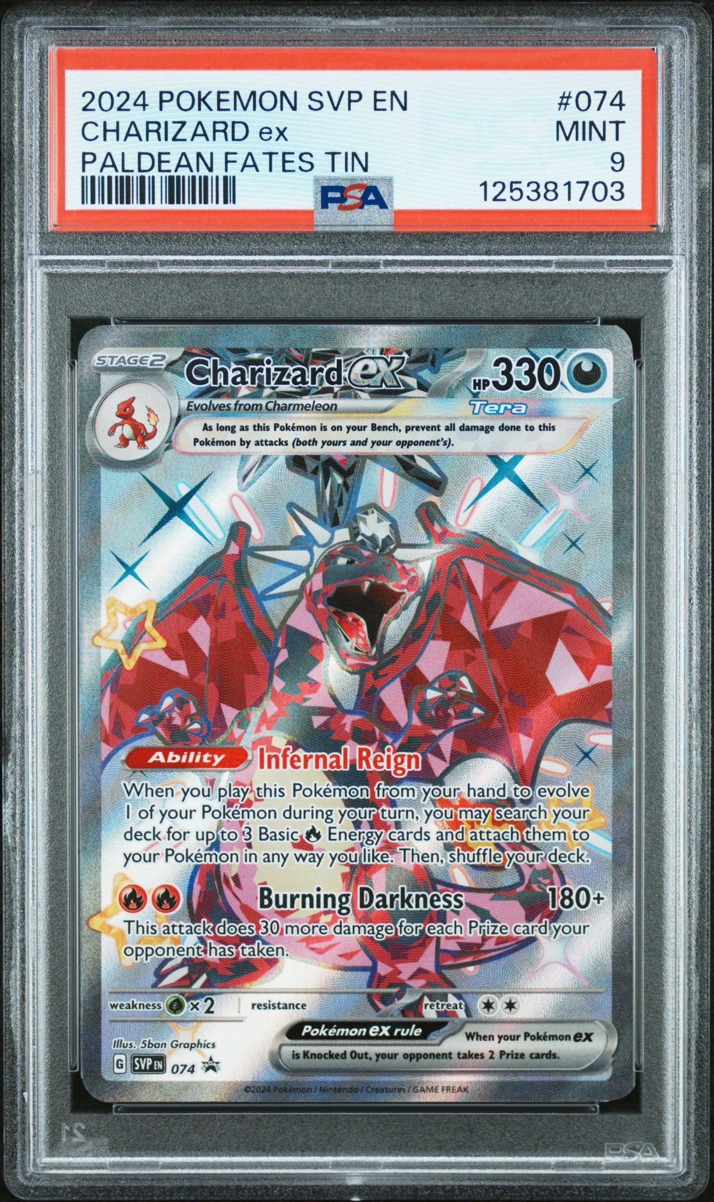 2024 Pokemon Svp En-Sv Black Star Promo 074 Charizard Ex Paldean Fates Tin - PSA 9
