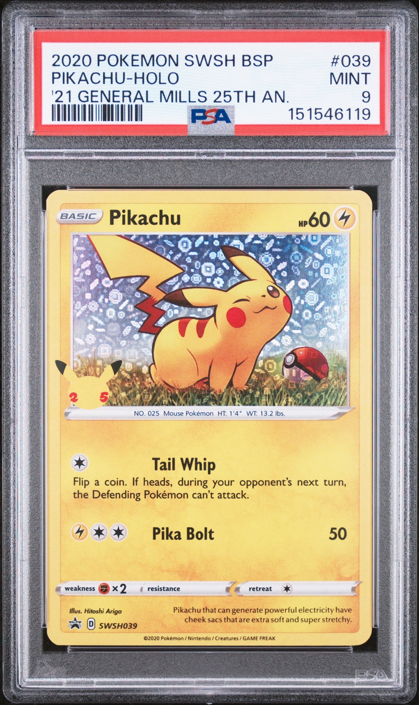 2020 Pokemon Swsh Black Star Promo 039 Pikachu-Holo '21 General Mills 25Th An. - PSA 9