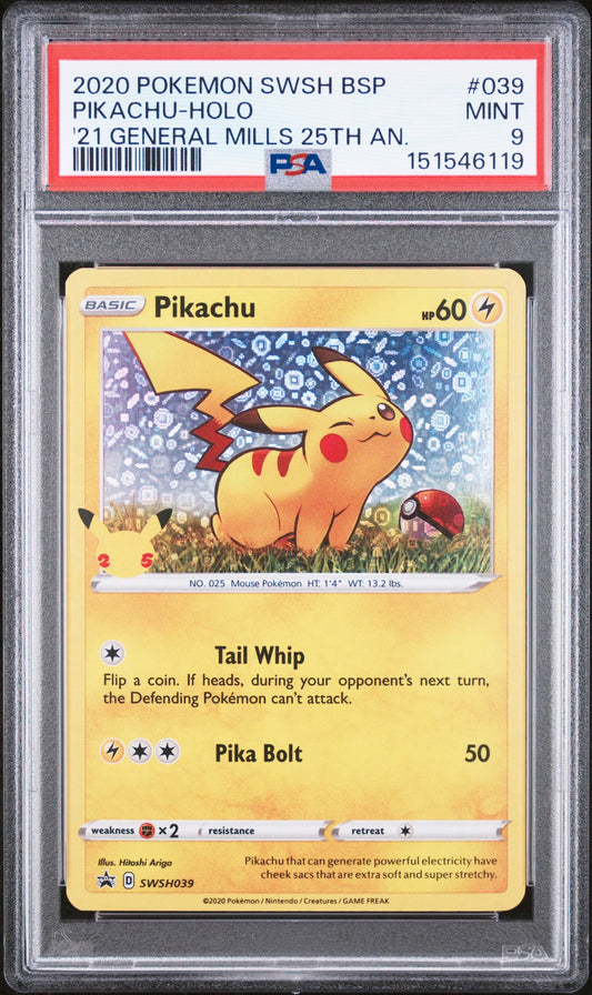 2020 Pokemon Swsh Black Star Promo 039 Pikachu-Holo '21 General Mills 25Th An. - PSA 9