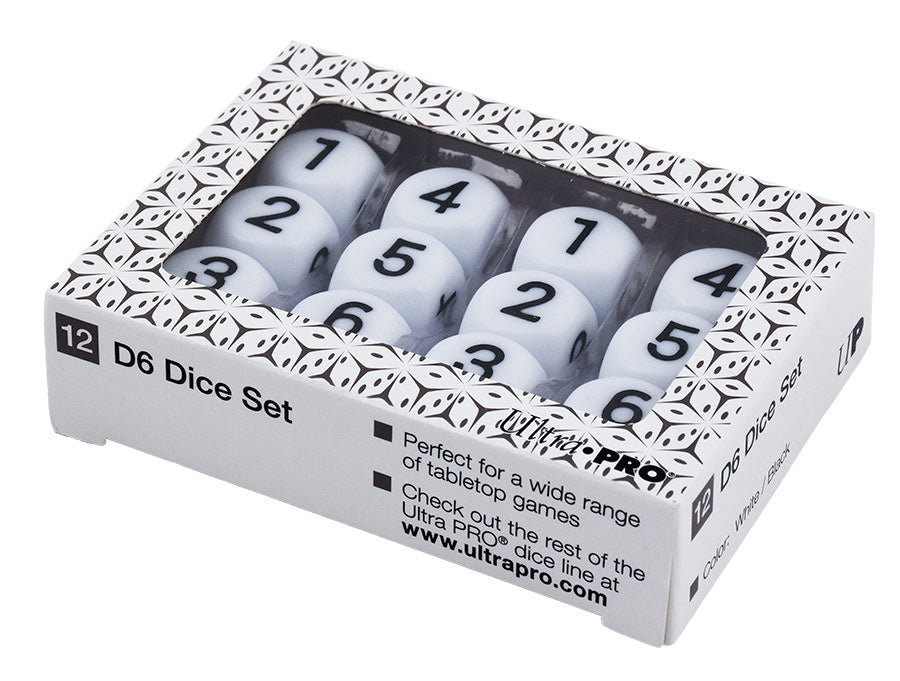 Ultra Pro: 12-Set D6 White Dice with Black Large Numbering