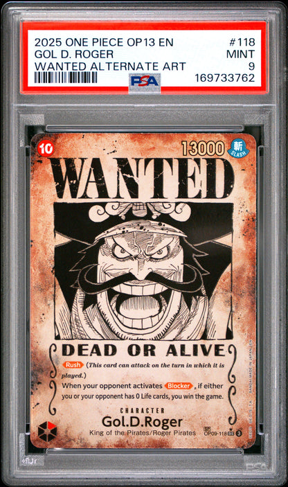 2025 One Piece Op13-Carrying On His Will 118 Gol D. Roger Wanted Alternate Art - PSA 9