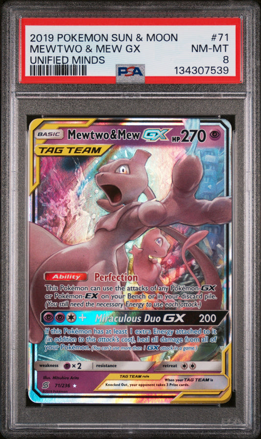 2019 Pokemon Sun & Moon Unified Minds 71 Mewtwo & Mew Gx Unified Minds - PSA 8