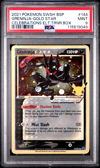2021 Pokemon Swsh Black Star Promo 144 Greninja Gold Star Celebrations Elt.Trnr.Box - PSA 9