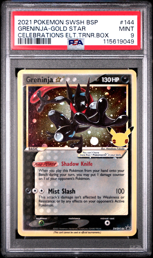 2021 Pokemon Swsh Black Star Promo 144 Greninja Gold Star Celebrations Elt.Trnr.Box - PSA 9