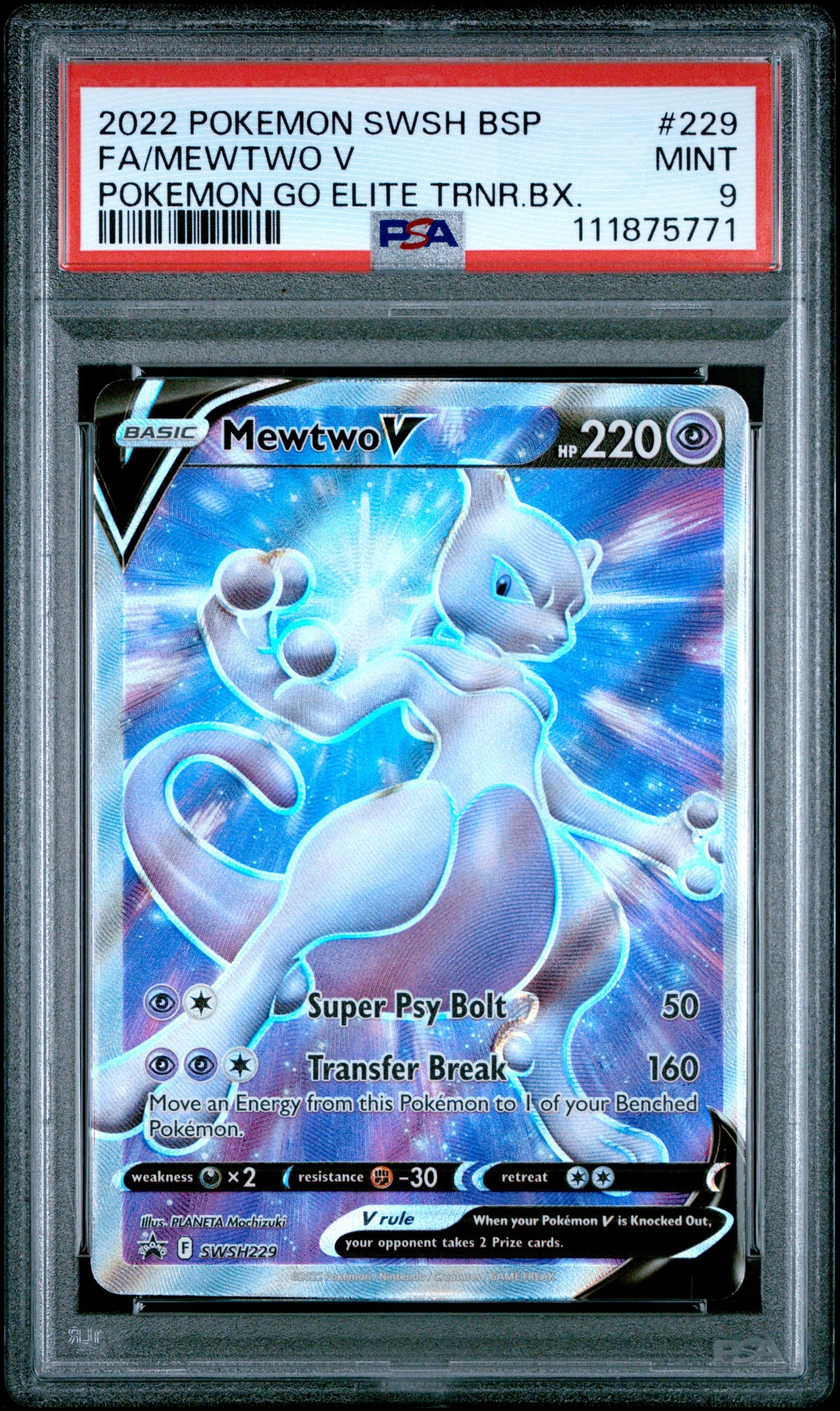 2022 Pokemon Swsh Black Star Promo 229 Mewtwo V Pokemon Go Elite Trnr.Bx. - PSA 9