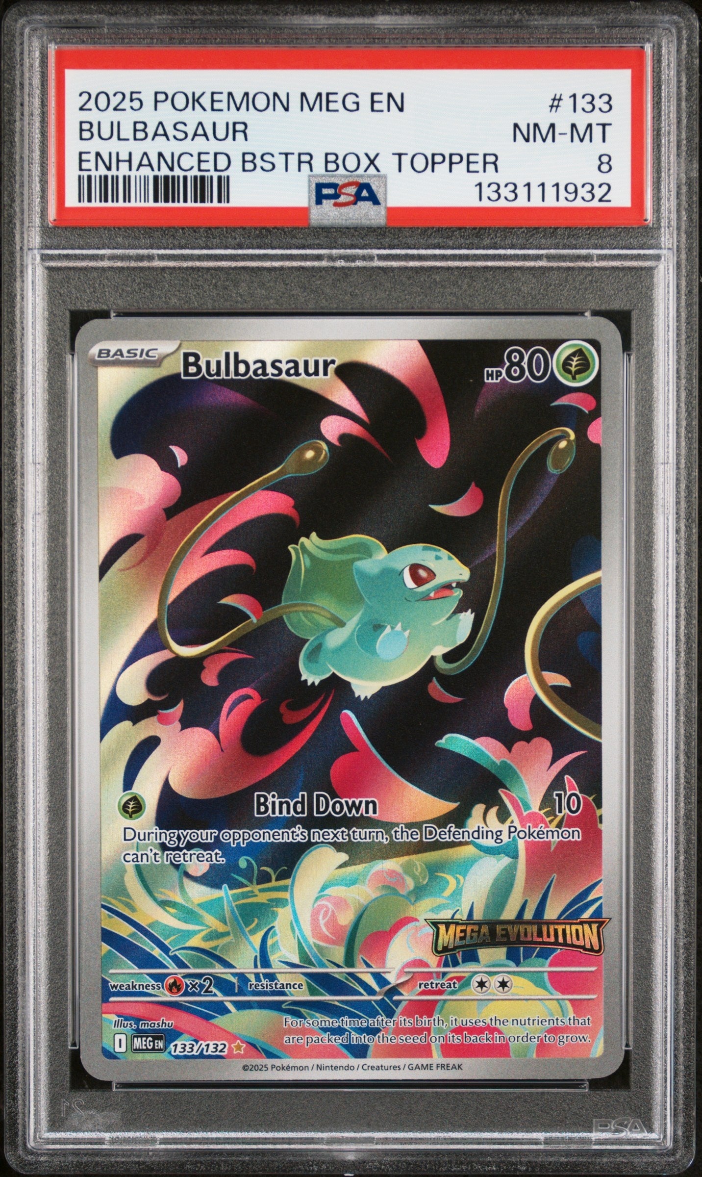 2025 Pokemon Meg En-Mega Evolution 133 Bulbasaur Enhanced Bstr Box Topper - PSA 8