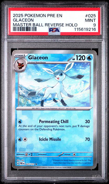 2025 Pokemon Pre En-Prismatic Evolutions 025 Glaceon Master Ball Reverse Holo - PSA 9